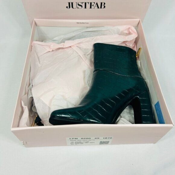 NWT/NIB JustFab Inesa Green Croc Womens Block Heeled Ankle Boot Gold Zip 7.5 - Picture 6 of 6